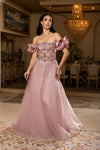 Load image into Gallery viewer, Wholesale Off-Shoulder Satin Rosette Beaded Scallop Illusion Corset A-Line Evening Gown by LA8260