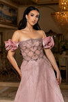 Load image into Gallery viewer, Wholesale Off-Shoulder Satin Rosette Beaded Scallop Illusion Corset A-Line Evening Gown by LA8260