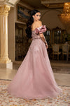 Load image into Gallery viewer, Wholesale Off-Shoulder Satin Rosette Beaded Scallop Illusion Corset A-Line Evening Gown by LA8260