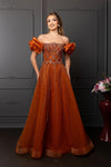 Load image into Gallery viewer, Wholesale Off-Shoulder Satin Rosette Beaded Scallop Illusion Corset A-Line Evening Gown by LA8260