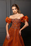 Load image into Gallery viewer, Wholesale Off-Shoulder Satin Rosette Beaded Scallop Illusion Corset A-Line Evening Gown by LA8260