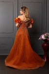 Load image into Gallery viewer, Wholesale Off-Shoulder Satin Rosette Beaded Scallop Illusion Corset A-Line Evening Gown by LA8260
