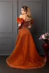 Load image into Gallery viewer, Wholesale Off-Shoulder Satin Rosette Beaded Scallop Illusion Corset A-Line Evening Gown by LA8260