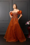 Load image into Gallery viewer, Wholesale Off-Shoulder Satin Rosette Beaded Scallop Illusion Corset A-Line Evening Gown by LA8260