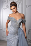 Load image into Gallery viewer, Wholesale Off-Shoulder V-Neck Beaded Crystal Mesh Sheath Prom Evening Gown by LA8261