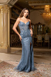 Load image into Gallery viewer, Wholesale Strapless Sweetheart Plunge Illusion Fully Beaded Geometric Sheath Evening Gown LA8268 - DUSTYBLUE - Dresses LA Merchandise