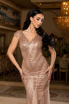 Load image into Gallery viewer, Wholesale V-Neck Cap Sleeve Fully Sequined Column Prom Evening Gown with Sweep Train by LA8269 - - Dresses LA Merchandise