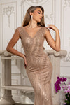 Load image into Gallery viewer, Wholesale V-Neck Cap Sleeve Fully Sequined Column Prom Evening Gown with Sweep Train by LA8269 - - Dresses LA Merchandise