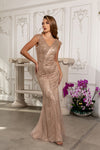 Load image into Gallery viewer, Wholesale V-Neck Cap Sleeve Fully Sequined Column Prom Evening Gown with Sweep Train by LA8269 - - Dresses LA Merchandise