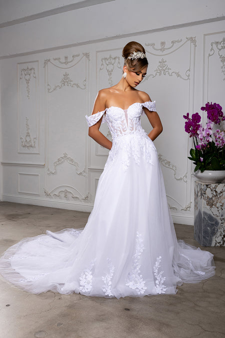 Wholesale Off-Shoulder Sweetheart Corset A-Line Wedding Gown by LA8275 – LA Merchandise, Inc