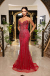 Cargar imagen en el visor de la galería, LA8281 Wholesale Strapless V-Neckline Beaded Sequin Mermaid Evening Gown with Lace-Up Back - RED - Long Prom Dress LA Merchandise