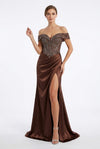 Load image into Gallery viewer, Wholesale Off-the-shoulder Beaded Corset Sheath Prom Dress with Slit Evening Gown by LA8285 - CHOCOLATE - Long Prom Dress LA Merchandise