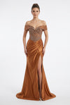 Load image into Gallery viewer, Wholesale Off-the-shoulder Beaded Corset Sheath Prom Dress with Slit Evening Gown by LA8285 - BRONZE - Long Prom Dress LA Merchandise