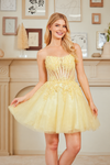 Cargar imagen en el visor de la galería, Wholesale Strapless Lace Corset Short Tulle Dress Embroidered Bodice Lace-Up Back by LAA9083S - YELLOW - Dresses LAA