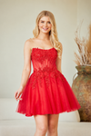Cargar imagen en el visor de la galería, Wholesale Strapless Lace Corset Short Tulle Dress Embroidered Bodice Lace-Up Back by LAA9083S - RED - Dresses LAA