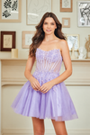 Cargar imagen en el visor de la galería, Wholesale Strapless Lace Corset Short Tulle Dress Embroidered Bodice Lace-Up Back by LAA9083S - LILAC - Dresses LAA