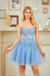 Cargar imagen en el visor de la galería, Wholesale Strapless Lace Corset Short Tulle Dress Embroidered Bodice Lace-Up Back by LAA9083S - LIGHT BLUE - Dresses LAA