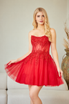 Cargar imagen en el visor de la galería, Wholesale Strapless Lace Corset Short Tulle Dress Embroidered Bodice Lace-Up Back by LAA9083S - - Dresses LAA