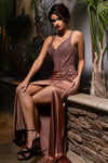 Load image into Gallery viewer, Wholesale Beaded Lace Corset Satin Evening Gown with High Slit Spaghetti Strap by LAF8481 - GOLD - Prom Dresses LAF