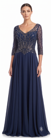 Load image into Gallery viewer, Wholesale Long Sleeve Deep V-Neck Beaded Illusion Lace A-Line Mother of the Bride by LAM-2678 - NAVY - Mother of he Bride Dress LA Merchandise