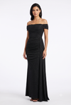 Load image into Gallery viewer, Wholesale Off-Shoulder Glitter Jersey Sheath Gown Ruched Draped Bodice &amp; Side Slit by LAM2694 - BLACK - Prom Dress LA Merchandise