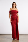Load image into Gallery viewer, Wholesale Off-Shoulder Glitter Jersey Sheath Gown Ruched Draped Bodice &amp; Side Slit by LAM2694 - BURGUNDY - Prom Dress LA Merchandise