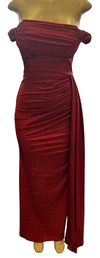 Load image into Gallery viewer, Wholesale Off-Shoulder Glitter Jersey Sheath Gown Ruched Draped Bodice &amp; Side Slit by LAM2694 - - Prom Dress LA Merchandise