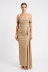 Load image into Gallery viewer, Wholesale Off-Shoulder Glitter Jersey Sheath Gown Ruched Draped Bodice &amp; Side Slit by LAM2694 - CHAMPAGNE - Prom Dress LA Merchandise