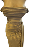 Load image into Gallery viewer, Wholesale Off-Shoulder Glitter Jersey Sheath Gown Ruched Draped Bodice &amp; Side Slit by LAM2694 - - Prom Dress LA Merchandise