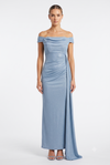 Load image into Gallery viewer, Wholesale Off-Shoulder Glitter Jersey Sheath Gown Ruched Draped Bodice &amp; Side Slit by LAM2694 - DUSTY BLUE - Prom Dress LA Merchandise