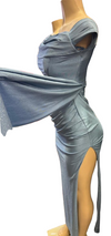 Load image into Gallery viewer, Wholesale Off-Shoulder Glitter Jersey Sheath Gown Ruched Draped Bodice &amp; Side Slit by LAM2694 - - Prom Dress LA Merchandise