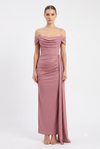 Load image into Gallery viewer, Wholesale Off-Shoulder Glitter Jersey Sheath Gown Ruched Draped Bodice &amp; Side Slit by LAM2694 - MAUVE - Prom Dress LA Merchandise