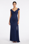 Load image into Gallery viewer, Wholesale Off-Shoulder Glitter Jersey Sheath Gown Ruched Draped Bodice &amp; Side Slit by LAM2694 - NAVY - Prom Dress LA Merchandise