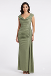 Load image into Gallery viewer, Wholesale Off-Shoulder Glitter Jersey Sheath Gown Ruched Draped Bodice &amp; Side Slit by LAM2694 - SAGE - Prom Dress LA Merchandise