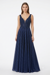 Load image into Gallery viewer, Beaded Lace Prom Gown with Illusion Neckline and Cap Sleeves A-Line Evening Dress by LAM-2698 - NAVY - Prom Dress LA Merchandise