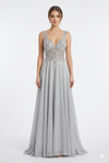 Load image into Gallery viewer, Beaded Lace Prom Gown with Illusion Neckline and Cap Sleeves A-Line Evening Dress by LAM-2698 - SILVER - Prom Dress LA Merchandise
