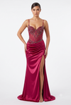 Load image into Gallery viewer, Wholesale Beaded Mermaid Satin Evening Gown with Sweetheart Neckline &amp; Lace-Up Back by LAM2713 - BURGUNDY - Prom Dress LA Merchandise