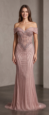 Cargar imagen en el visor de la galería, Wholesale Off-Shoulder Sheer Corset Evening Gown with Beaded Mermaid Prom Dress by LAM-2715 - ROSE GOLD - Prom Dress LA Merchandise