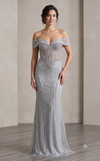 Cargar imagen en el visor de la galería, Wholesale Off-Shoulder Sheer Corset Evening Gown with Beaded Mermaid Prom Dress by LAM-2715 - SILVER - Prom Dress LA Merchandise