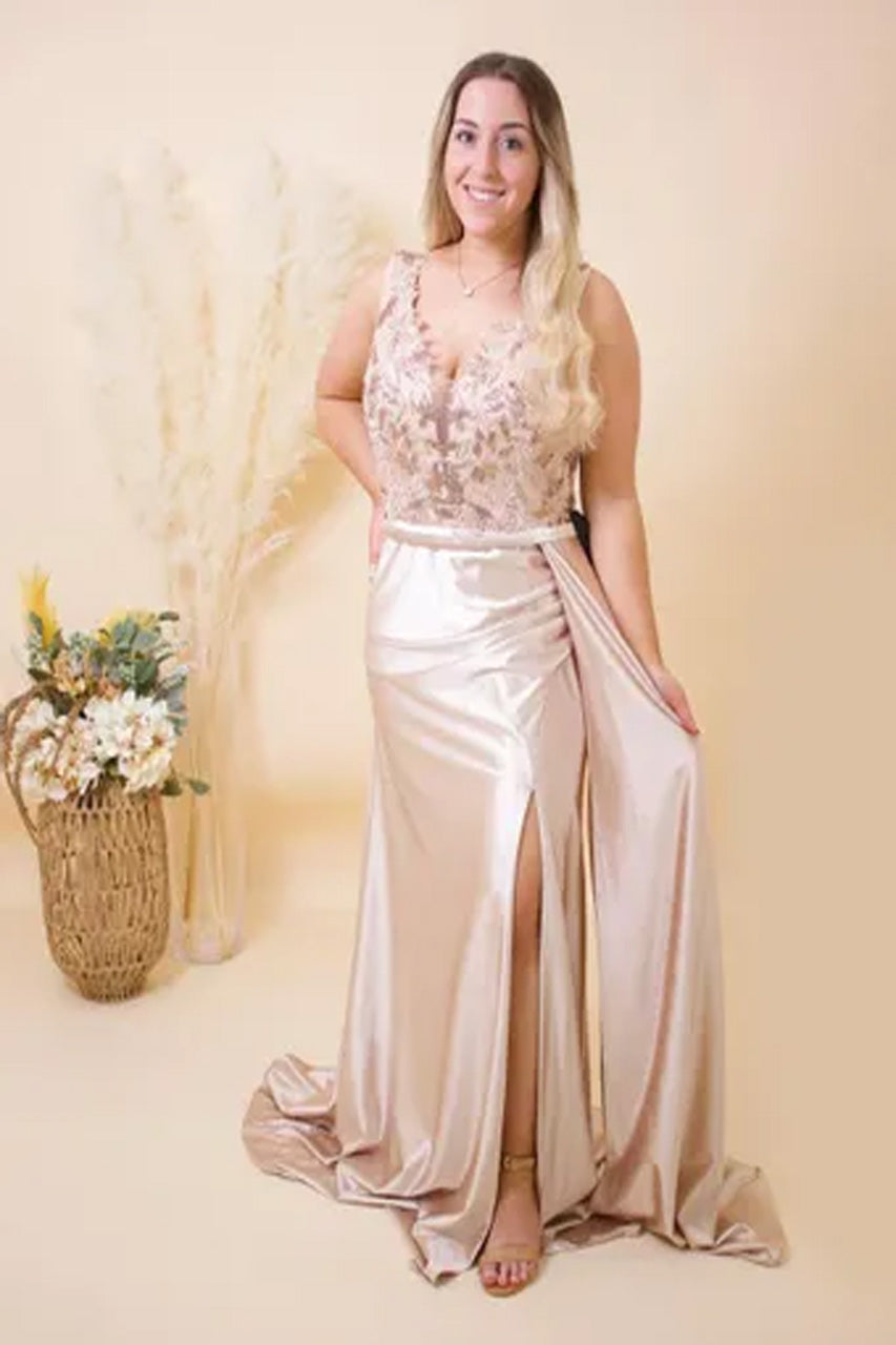 LA Merchandise LAN50459 V-Neck Sequin Bodice Lace Red-Carpet Gown - CHAMPAGNE - Dress LA Merchandise