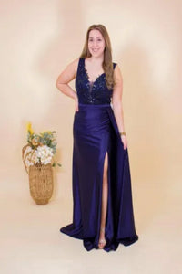 LA Merchandise LAN50459 V-Neck Sequin Bodice Lace Red-Carpet Gown - NAVY BLUE - Dress LA Merchandise