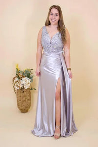 LA Merchandise LAN50459 V-Neck Sequin Bodice Lace Red-Carpet Gown - SILVER - Dress LA Merchandise