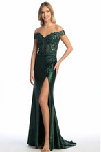 Load image into Gallery viewer, LA Merchandise LAN50444 Off-Shoulder Sequin &amp; Satin Long Formal Gown - GREEN - Dress LA Merchandise