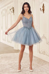 Load image into Gallery viewer, LA Merchandise LAR0236 V-Neck Corset Bodice Tulle Cocktail Dress - SMOKY BLUE - Dress LA Merchandise