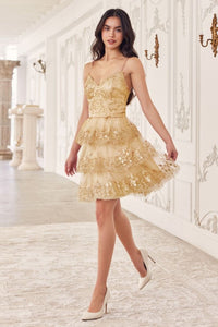 LA Merchandise LARKV1090 A-Line Glitter Printed Ruffle Party Dress - GOLD - Dress LA Merchandise