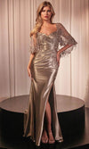 Load image into Gallery viewer, Wholesale Satin Evening Gown with Embroidered Sheer Capelet &amp; High Slit Formal Dress By LARS499