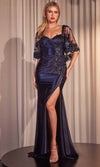 Load image into Gallery viewer, Wholesale Satin Evening Gown with Embroidered Sheer Capelet &amp; High Slit Formal Dress By LARS499