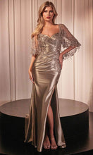 Load image into Gallery viewer, Wholesale Satin Evening Gown with Embroidered Sheer Capelet &amp; High Slit Formal Dress By LARS499