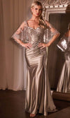 Load image into Gallery viewer, Wholesale Satin Evening Gown with Embroidered Sheer Capelet &amp; High Slit Formal Dress By LARS499