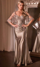 Load image into Gallery viewer, Wholesale Satin Evening Gown with Embroidered Sheer Capelet &amp; High Slit Formal Dress By LARS499